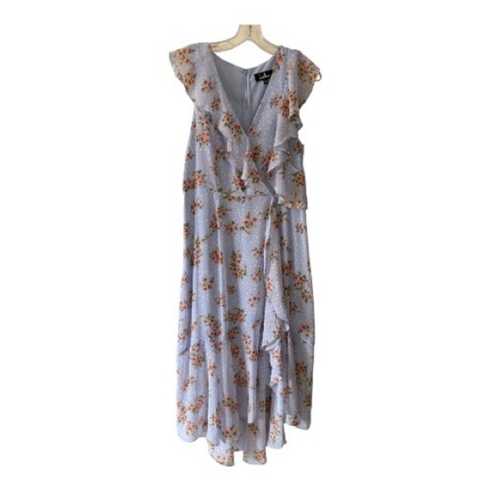 Lulus Cairo Periwinkle Floral Midi Dress Size L Ruffle Boho Spring Wedding Guest